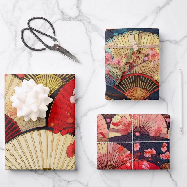 Feuille De Papier Cadeau Fans et fleurs (Recto)