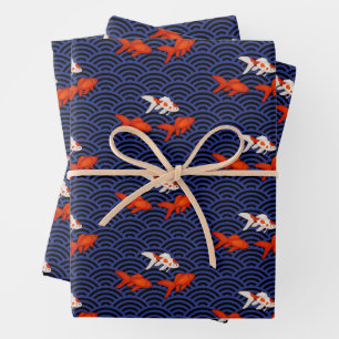 Feuille De Papier Cadeau Fantail Goldfish sur Segaiha Wave Motif