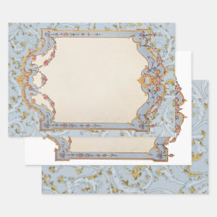 Feuille De Papier Cadeau Fantastique Vintage français Cadre bleu or Rose