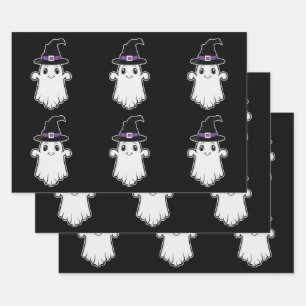 Feuille De Papier Cadeau Fantômes mignons portant des chapeaux de sorcière 