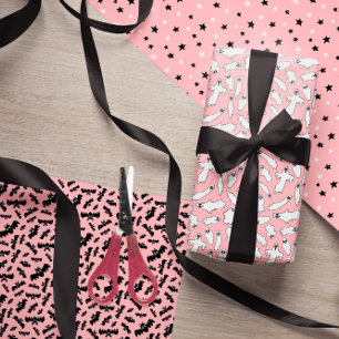 Feuille De Papier Cadeau Fantômes roses clairs Fats Étoiles Halloween Motif