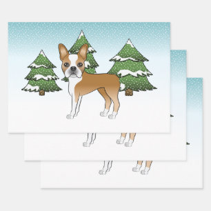 Feuille De Papier Cadeau Faune Et White Boston Terrier Dans Une Forêt D'Hiv