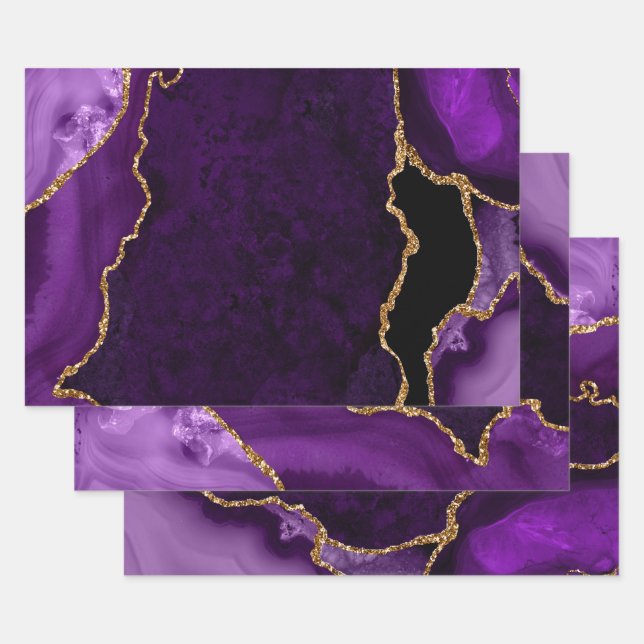 Feuille De Papier Cadeau Faux agate pailleté or et violet (Lot)