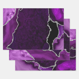 Feuille De Papier Cadeau Faux agate violet et argenté