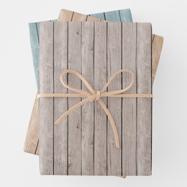 Feuille De Papier Cadeau Faux Bois Rustique Bleu Brown (En situation)