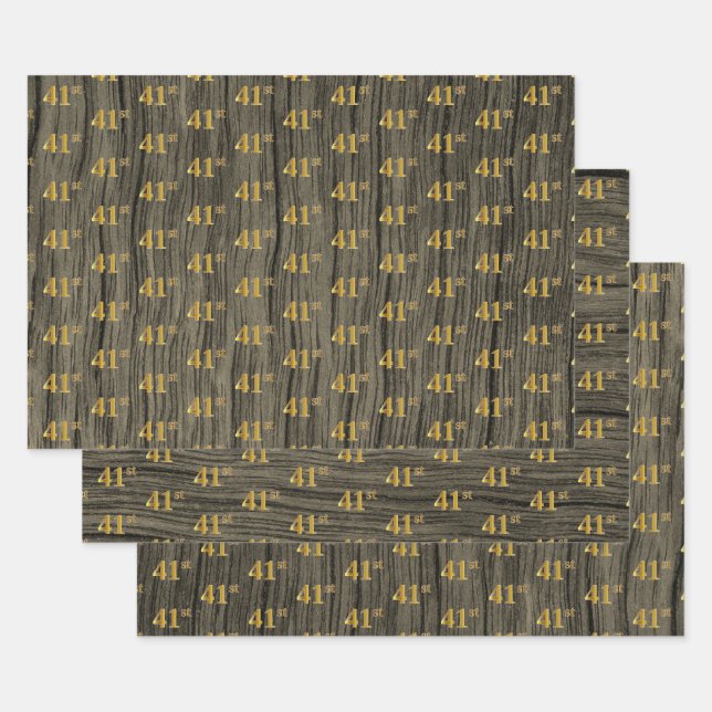 Feuille De Papier Cadeau Faux Bois Rustique, Elégant Faux Gold "41e" (Lot)