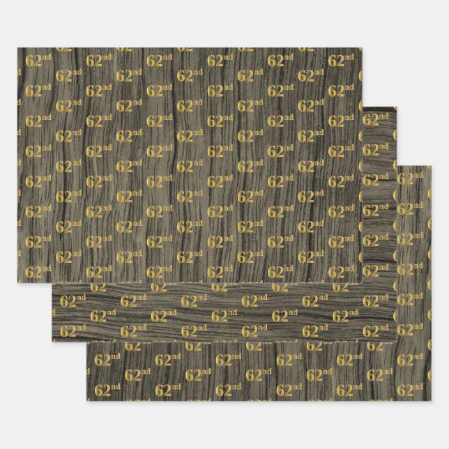 Feuille De Papier Cadeau Faux Bois Rustique, Elégant Faux Gold "62e" (Lot)
