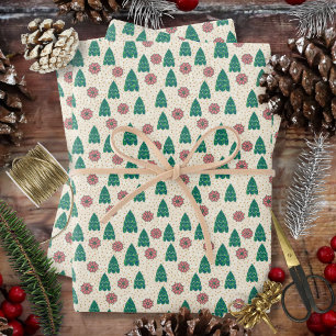 Feuille De Papier Cadeau Faux de Noël Patchwork Arbres et Poinsettias