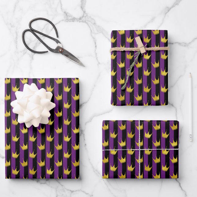 Feuille De Papier Cadeau Faux Gold Crowes Purple Black Stripes Mardi Gras (Recto)