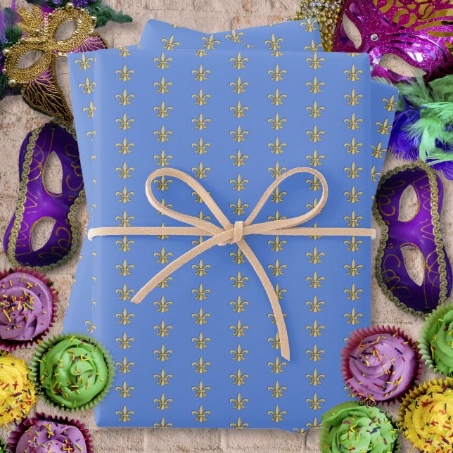 Feuille De Papier Cadeau Faux Gold FleurDeLis sur Blue (Faux Gold FleurDeLis on Blue Wrapping Paper Sheets by Leapfroglisics Shop)