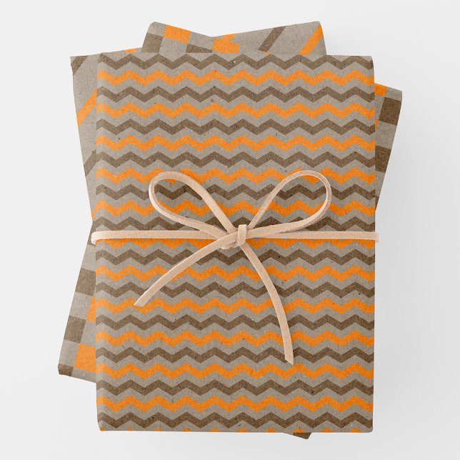 Feuille De Papier Cadeau Faux Kraft Paper w/ Dark Brown & Orange Patterns (Faux Kraft Paper w/ Dark Brown & Orange Multi-Patterns)