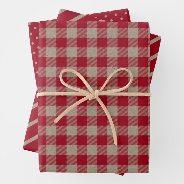 Feuille De Papier Cadeau Faux Kraft Paper With Plaid, Stripes & Polka Dots (Faux Brown & Red Kraft Paper w/ Plaid, Stripes & Polka Dots)
