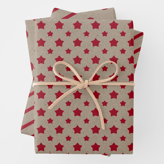 Feuille De Papier Cadeau Faux Kraft Paper With Stars, Stripes & Polka Dots (Faux Brown Kraft Paper w/ Red Stars, Stripes & Polka Dots)