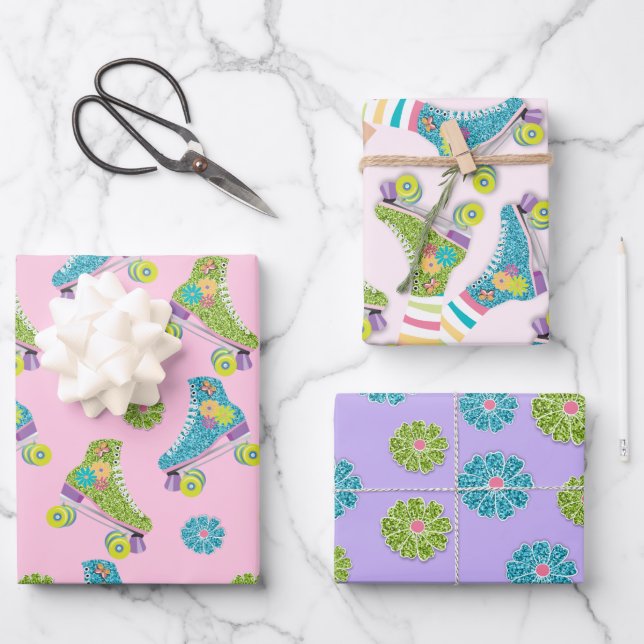 Feuille De Papier Cadeau Faux Pailleté Fleurs de Roller Staking Fête (Recto)