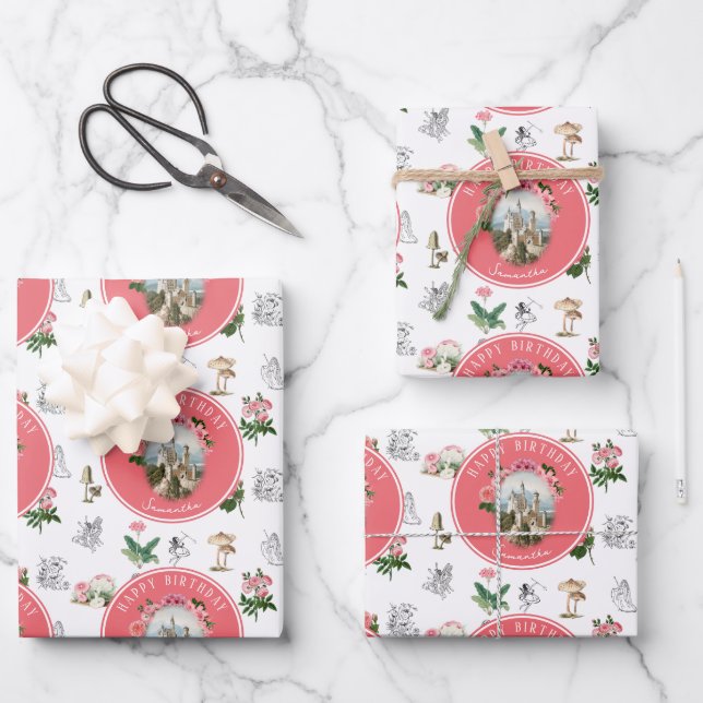 Feuille De Papier Cadeau Fées Rose Floral Champignons Fairy Castle Annivers (Recto)