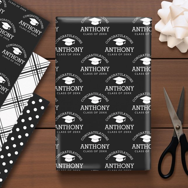 Feuille De Papier Cadeau Félicitations Diplômé Cap noir (Custom Graduation Wrapping Paper)
