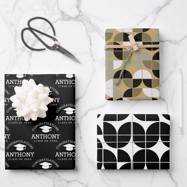 Feuille De Papier Cadeau Félicitations Diplômé Diplôme d'or noir (Recto)