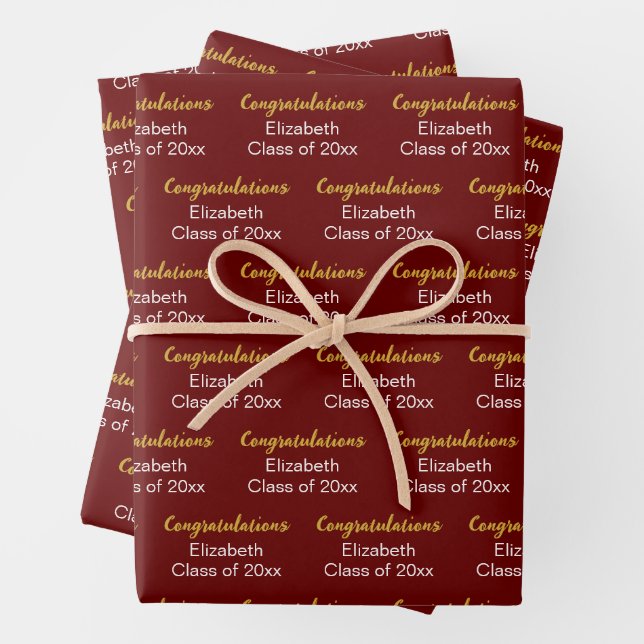 Feuille De Papier Cadeau Félicitations Gold Dark Red Classe de 20xx Nom (En situation)