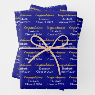 Feuille De Papier Cadeau Félicitations Gold Navy Blue Class of 2024 Nom