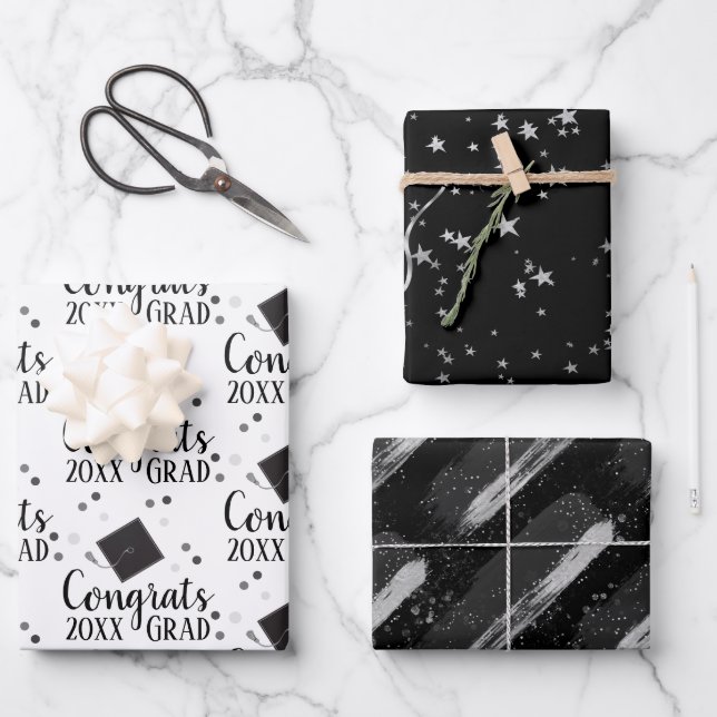 Feuille De Papier Cadeau Félicitations Grad 2024 Black and Silver Wrapping  (Recto)