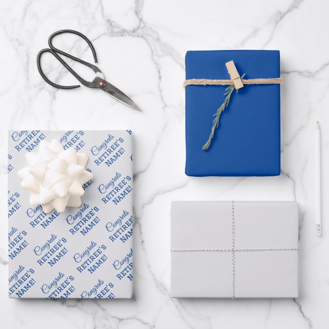 Feuille De Papier Cadeau Félicitations Personnalisées Retraite ! Bleu sur a (Recto)