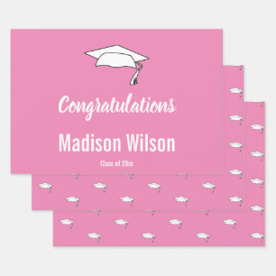 Feuille De Papier Cadeau Félicitations Pink & White Grad Name Graduation