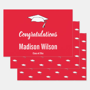 Feuille De Papier Cadeau Félicitations Red & White Grad Name Graduation