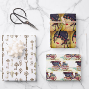Feuille De Papier Cadeau Femme Art Déco et clés anciennes d'emballage de vo