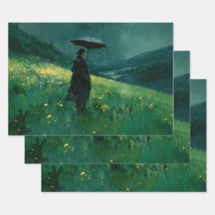 Feuille De Papier Cadeau Femme au parapluie dans une prairie verte