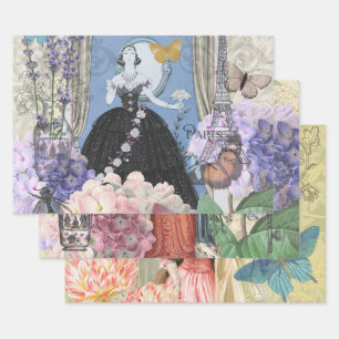 Feuille De Papier Cadeau Femme élégante bleue robe florale fantaisie 