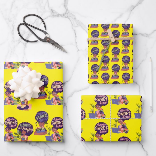 Feuille De Papier Cadeau Femme noire Fou Plante Lady, Home Sweet Home (Recto)