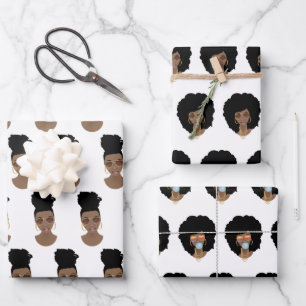 Feuille De Papier Cadeau Femmes noires, nuances d'or, Bubblegum bleu