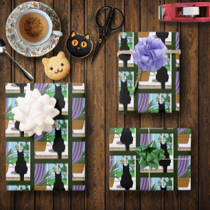 Feuille De Papier Cadeau Fenêtre Chat noir regardant dehors