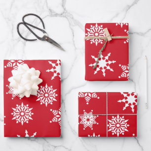 Feuille De Papier Cadeau Festif de Noël Rouge & Blanc Snowflakes Étoiles