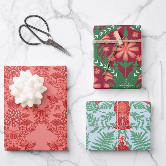 Feuille De Papier Cadeau Festif Noël Rouge et Motif vert (Recto)