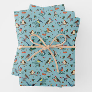 Feuille De Papier Cadeau Festif Oiseaux d'hiver Motif de Noël