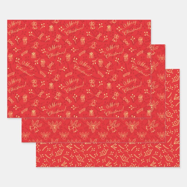 Feuille De Papier Cadeau Festif Rouge Noël 3 Motif Vacances Cadeau (Lot)