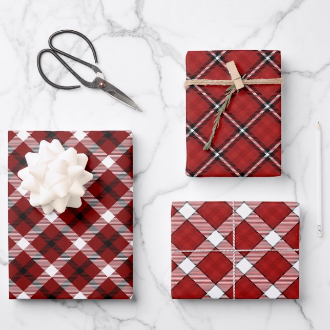 Feuille De Papier Cadeau Festif Rouge, Noir & Blanc Plaid Noël (Recto)