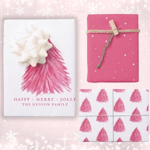 Feuille De Papier Cadeau Festif Rouge rose sapin de Noël Aquarelle vacances