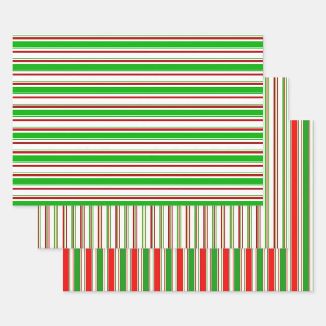 Feuille De Papier Cadeau Festif Vert, Blanc, Rouge Lignes Thématiques Noël (Lot)