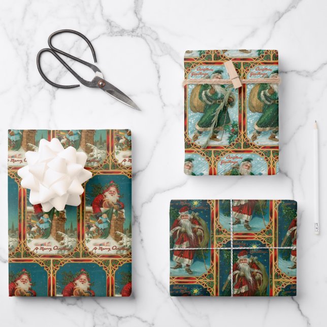 Feuille De Papier Cadeau Festif Vieux Monde Père Noël (Recto)