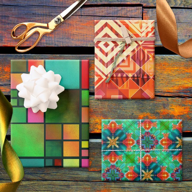 Feuille De Papier Cadeau Festive Abstrait Art Motif Noël (Festive and colorful Christmas abstract art wrapping paper sheets.)