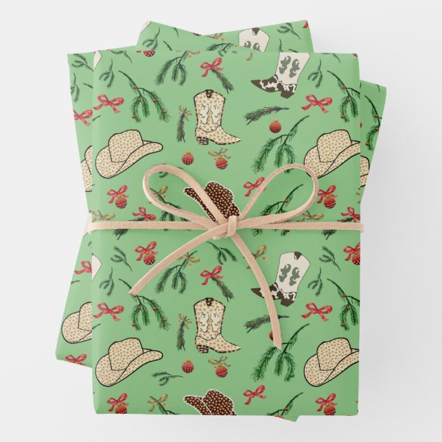 Feuille De Papier Cadeau Festive Holiday Cowboy Rodeo Motif Sage (En situation)