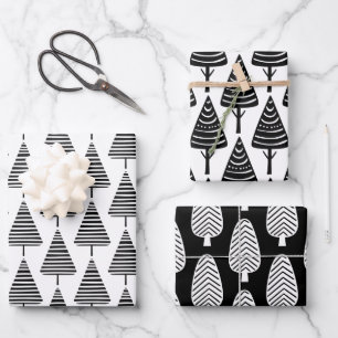 Feuille De Papier Cadeau Festive Noir Blanc Noël Arbres de Noël