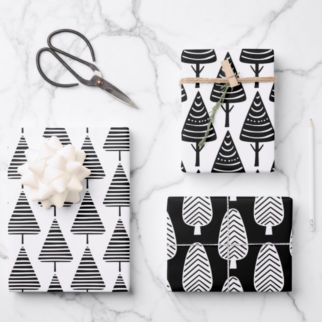 Feuille De Papier Cadeau Festive Noir Blanc Noël Arbres de Noël (Recto)