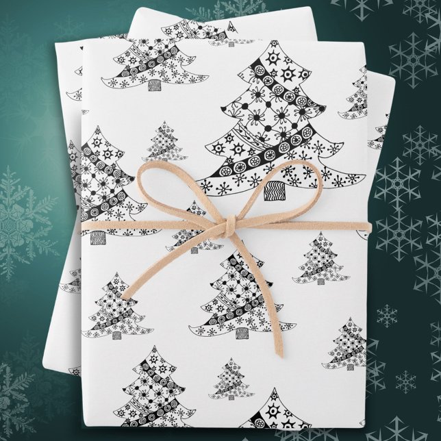 Feuille De Papier Cadeau Festive Noir et Blanc Noël Arbre vacances (Créateur téléchargé)