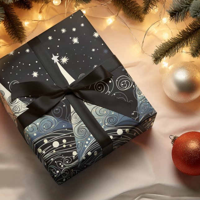 Feuille De Papier Cadeau Festive Twilight Christmas Trees (Festive twilight holiday trees with stars wrapping paper for Christmas. Whimsical and cute!)