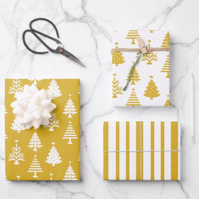 Feuille De Papier Cadeau Festive Yellow and White Christmas Tree Pattern (Recto)