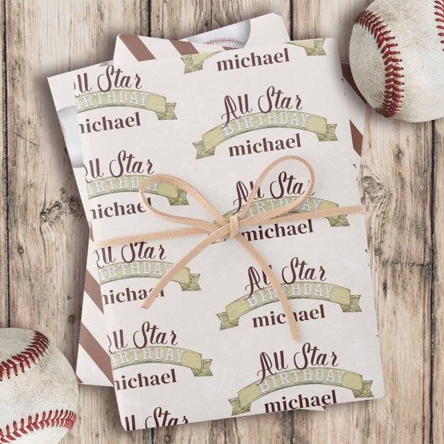 Feuille De Papier Cadeau Fête d'anniversaire de baseball Personnalisé Vinta (Créateur téléchargé)