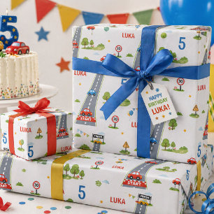 Feuille De Papier Cadeau Fête d'anniversaire de course de voiture pour enfa